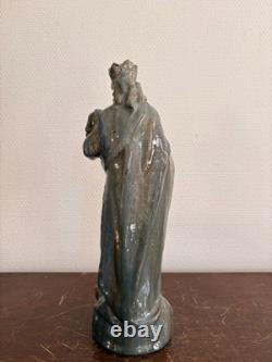 Ancien Sculpture Poterie Terre Cuite Emaillé Vernissé Vierge Enfant Couronnée Ma
