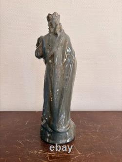 Ancien Sculpture Poterie Terre Cuite Emaillé Vernissé Vierge Enfant Couronnée Ma