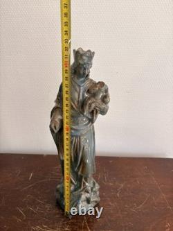 Ancien Sculpture Poterie Terre Cuite Emaillé Vernissé Vierge Enfant Couronnée Ma