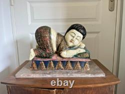 Ancien Sculpture Statue Bois Chinoise Thaïlandaise Couché Repos Bouddha