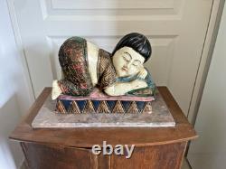 Ancien Sculpture Statue Bois Chinoise Thaïlandaise Couché Repos Bouddha