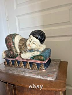 Ancien Sculpture Statue Bois Chinoise Thaïlandaise Couché Repos Bouddha