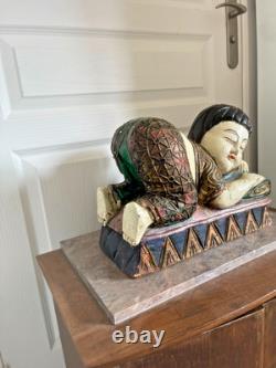 Ancien Sculpture Statue Bois Chinoise Thaïlandaise Couché Repos Bouddha