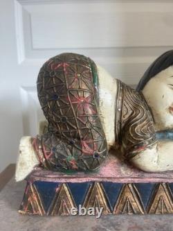 Ancien Sculpture Statue Bois Chinoise Thaïlandaise Couché Repos Bouddha