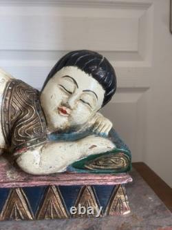Ancien Sculpture Statue Bois Chinoise Thaïlandaise Couché Repos Bouddha