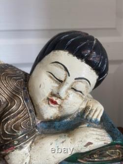 Ancien Sculpture Statue Bois Chinoise Thaïlandaise Couché Repos Bouddha