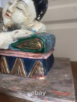 Ancien Sculpture Statue Bois Chinoise Thaïlandaise Couché Repos Bouddha
