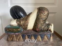 Ancien Sculpture Statue Bois Chinoise Thaïlandaise Couché Repos Bouddha