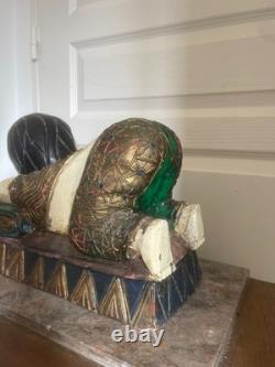 Ancien Sculpture Statue Bois Chinoise Thaïlandaise Couché Repos Bouddha