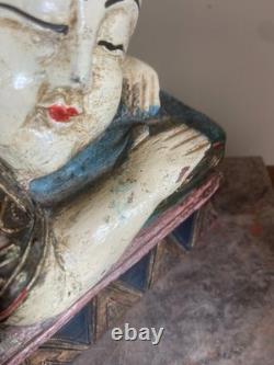 Ancien Sculpture Statue Bois Chinoise Thaïlandaise Couché Repos Bouddha