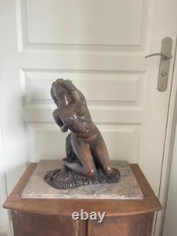 Ancien Sculpture Statue Femme Nue Signé THOMAS Poterie Bavent Terre Cuite Vernis