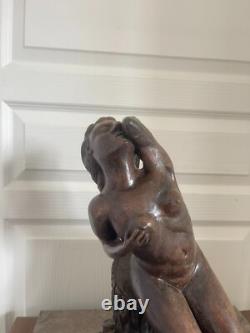 Ancien Sculpture Statue Femme Nue Signé THOMAS Poterie Bavent Terre Cuite Vernis
