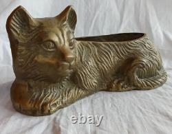 Ancien Sculpture Statue Vide Poche Jardinière Chat Laiton Old Brass Cat