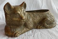 Ancien Sculpture Statue Vide Poche Jardinière Chat Laiton Old Brass Cat