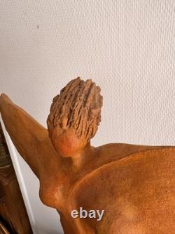 Ancien Sculpture Terre Cuite Ange Victoire Signé Sur Socle Expressionniste