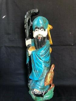 Ancien Sculpture sur Bois Chinois Polychrome Statue