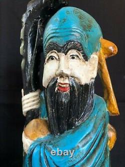 Ancien Sculpture sur Bois Chinois Polychrome Statue