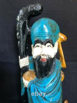 Ancien Sculpture sur Bois Chinois Polychrome Statue