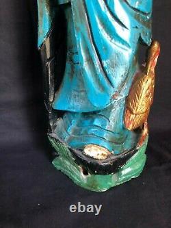 Ancien Sculpture sur Bois Chinois Polychrome Statue