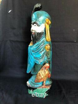 Ancien Sculpture sur Bois Chinois Polychrome Statue