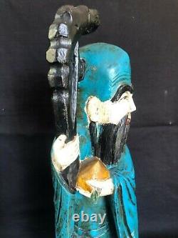 Ancien Sculpture sur Bois Chinois Polychrome Statue