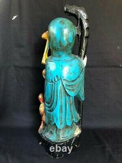 Ancien Sculpture sur Bois Chinois Polychrome Statue