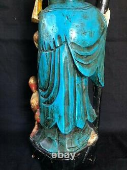 Ancien Sculpture sur Bois Chinois Polychrome Statue