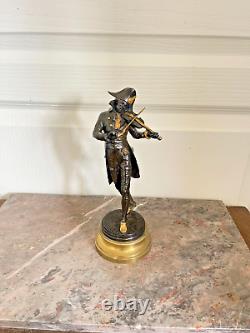 Ancien Statue Figurine Sculpture Violoniste Bronze Signé LALOUETTE Doré 24 cm