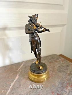 Ancien Statue Figurine Sculpture Violoniste Bronze Signé LALOUETTE Doré 24 cm