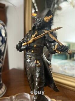 Ancien Statue Figurine Sculpture Violoniste Bronze Signé LALOUETTE Doré 24 cm