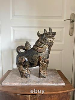 Ancien Statue Sculpture Bois Chien Lion Fo Birmanie Chinois Chinthe Bouddha