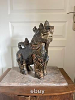 Ancien Statue Sculpture Bois Chien Lion Fo Birmanie Chinois Chinthe Bouddha