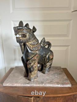 Ancien Statue Sculpture Bois Chien Lion Fo Birmanie Chinois Chinthe Bouddha