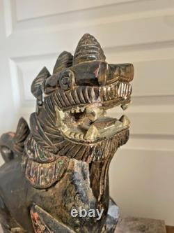 Ancien Statue Sculpture Bois Chien Lion Fo Birmanie Chinois Chinthe Bouddha