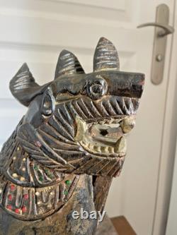 Ancien Statue Sculpture Bois Chien Lion Fo Birmanie Chinois Chinthe Bouddha