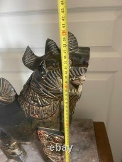 Ancien Statue Sculpture Bois Chien Lion Fo Birmanie Chinois Chinthe Bouddha