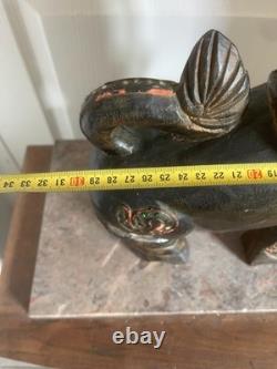 Ancien Statue Sculpture Bois Chien Lion Fo Birmanie Chinois Chinthe Bouddha