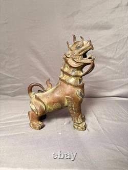 Ancien Statue Sculpture Lion Foo Fu Gardien Temple Birmanie Feng Shui Cuivre