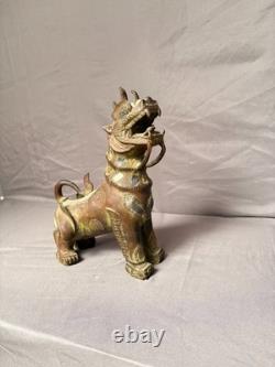 Ancien Statue Sculpture Lion Foo Fu Gardien Temple Birmanie Feng Shui Cuivre