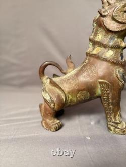Ancien Statue Sculpture Lion Foo Fu Gardien Temple Birmanie Feng Shui Cuivre