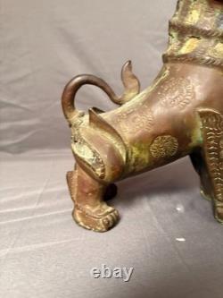Ancien Statue Sculpture Lion Foo Fu Gardien Temple Birmanie Feng Shui Cuivre