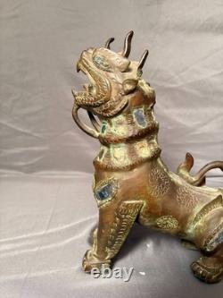 Ancien Statue Sculpture Lion Foo Fu Gardien Temple Birmanie Feng Shui Cuivre
