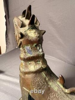 Ancien Statue Sculpture Lion Foo Fu Gardien Temple Birmanie Feng Shui Cuivre