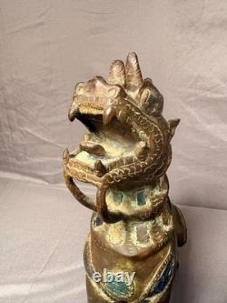 Ancien Statue Sculpture Lion Foo Fu Gardien Temple Birmanie Feng Shui Cuivre