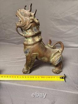 Ancien Statue Sculpture Lion Foo Fu Gardien Temple Birmanie Feng Shui Cuivre
