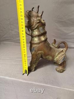 Ancien Statue Sculpture Lion Foo Fu Gardien Temple Birmanie Feng Shui Cuivre