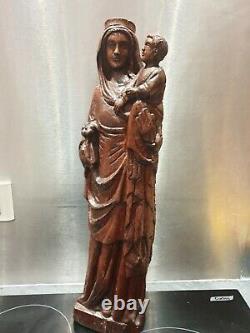 Ancien Statue, Vierge A L'enfant, Bois Naturel, Xviiieme, Bois Sculpté, Religieux