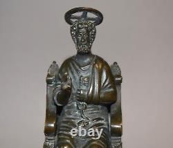 Ancien Statue religieux de Saint-Pierre en bronze Trône Paradis 19e siècle
