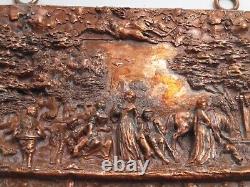 Ancien bas relief époque XIXe scène de chasse champêtre en bronze