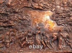 Ancien bas relief époque XIXe scène de chasse champêtre en bronze